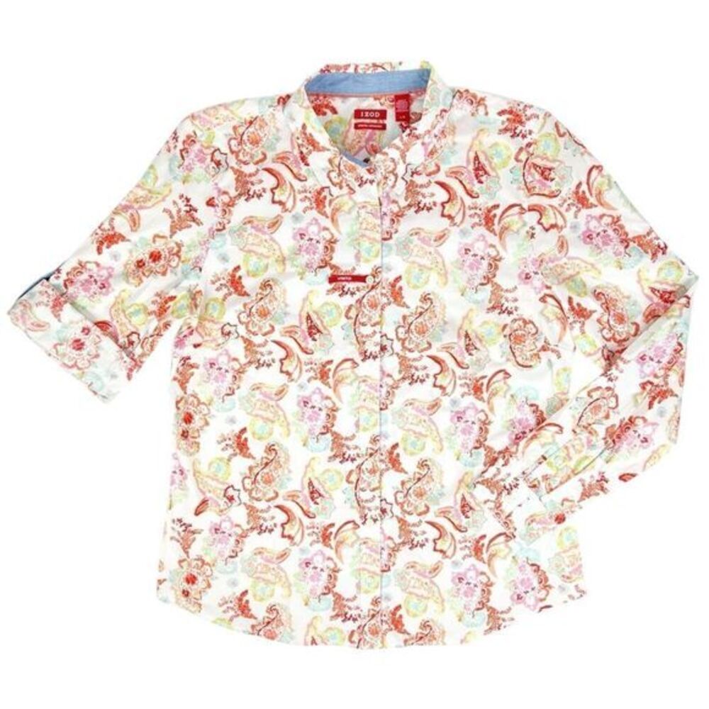 IZOD White Paisley Button Down Roll‎ Tab Sleeve Blouse Top Size Large